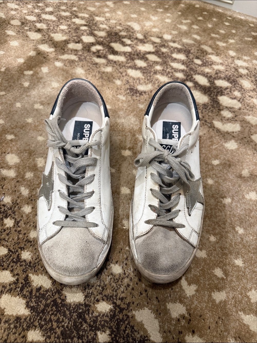 Golden Goose White Leather Low-Top Sneakers with Grey Star and Navy Heel